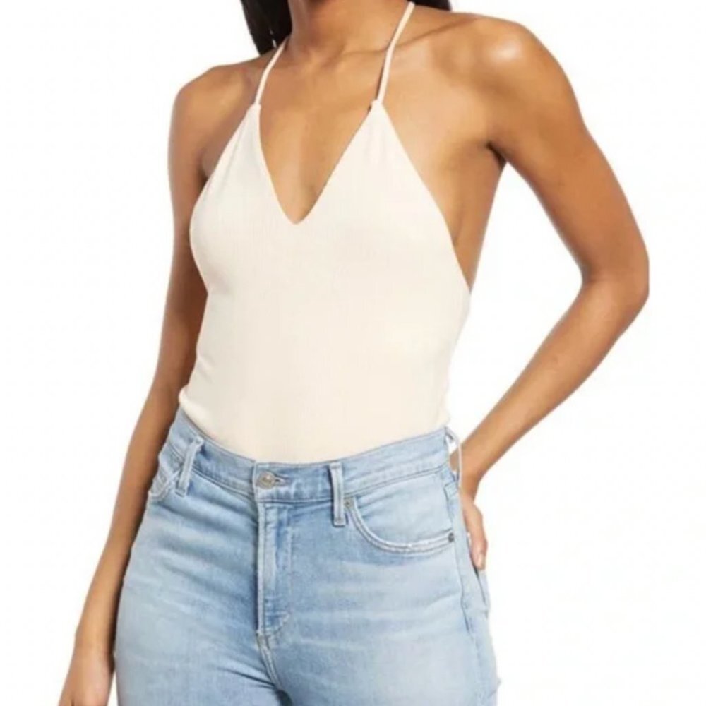 NEW Nordstrom AFRM Hara T-Back Ribbed Bodysuit Cream Tan Size XS Rib Neutral Top
